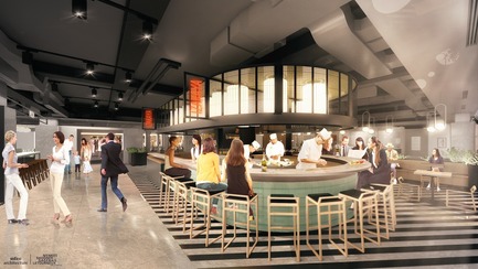 Press kit | 1303-09 - Press release | A New Gourmet Experience Arriving at Place Ville Marie, Imagined by Sid Lee Architecture and A5 Hospitality - Sid Lee Architecture | Menkès Shooner Dagenais LeTourneux, A5 Hospitality, Ivanhoé Cambridge - Commercial Architecture -   Asian bistro:&nbsp;One of the many culinary kiosks, adorned with terraces, that surround the indoor garden and draw crowds from morning to night.   - Photo credit:  Sid Lee Architecture | Menkès Shooner Dagenais LeTourneux 