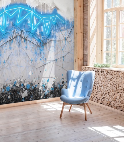 Dossier de presse | 3279-04 - Communiqué de presse | FEATHR & Artist Lee Herring Collaborate On New Wallpaper Collection - FEATHR - Design d’intérieur résidentiel -  Neon Bunting in Electric Blue  - Crédit photo : Ievgeniia Pidgorna/Alamy/Lee Herring