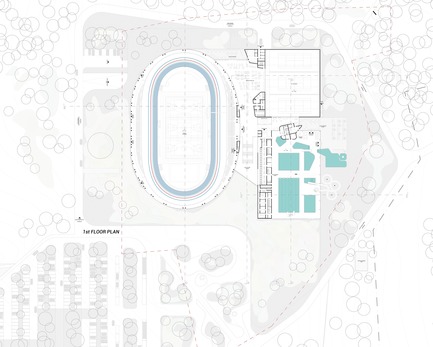 Dossier de presse | 1018-07 - Communiqué de presse | Leconsortium Metaform / Mecanoo est retenu pour construire le premier vélodrome du Grand-Duché de Luxembourg - Metaform architects - Concours - Plan Étage +1 - Crédit photo : Metaform