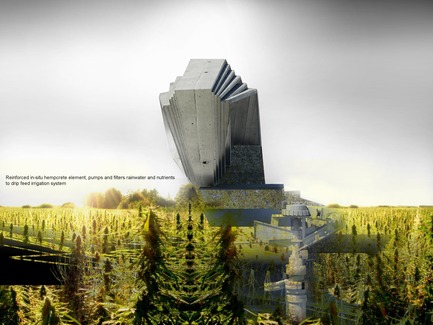 Press kit | 2121-10 - Press release | Sustainable Hemp and Medical Cannabis Farm - Margot Krasojević Architects - Industrial Architecture - Primary structure hemp building material filters rainwater - Photo credit: Margot Krasojević