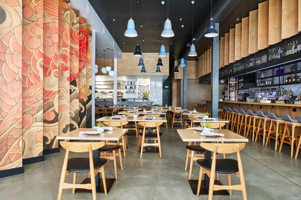 Press kit | 2757-07 - Press release | Ancient Art of Japanese Tattooing Inspires Latest Little Tokyo Restaurant in Los Angeles - Wick Architecture & Design + LAND Design Studio - Commercial Architecture -         Long-time collaborators David Wick and   Andrew Lindley teamed up with tattoo artist Horifuji and printer Michael Hill of A ō S A to create   an experience of being enveloped in a “body suit.”   - Photo credit: Nicole LaMotte Photography<span></span>