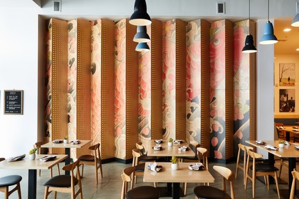 Press kit | 2757-07 - Press release | Ancient Art of Japanese Tattooing Inspires Latest Little Tokyo Restaurant in Los Angeles - Wick Architecture & Design + LAND Design Studio - Commercial Architecture -    The tattoo art’s aquatic theme featuring waves, water petals and Koi fish is articulated on a 26 ft-wide by 12 ft-high&nbsp;(or nearly 8 by&nbsp;4 meters) feature wall near the entrance.   - Photo credit: Nicole LaMotte Photography<span></span>
