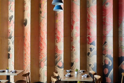 Press kit | 2757-07 - Press release | Ancient Art of Japanese Tattooing Inspires Latest Little Tokyo Restaurant in Los Angeles - Wick Architecture & Design + LAND Design Studio - Commercial Architecture -  Perforated plywood panels house lighting systems and cover mechanical diffusers.  - Photo credit: Nicole LaMotte Photography<span></span>