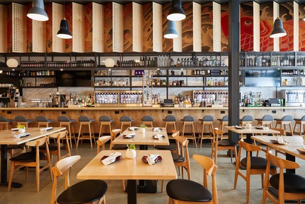 Press kit | 2757-07 - Press release | Ancient Art of Japanese Tattooing Inspires Latest Little Tokyo Restaurant in Los Angeles - Wick Architecture & Design + LAND Design Studio - Commercial Architecture -   Above the expansive bar at Sake Dojo which features 120 sake varieties on tap, the tattoo art rises 5 ft-high by 50 ft-wide (or nearly 2 by 15 meters).  - Photo credit: Nicole LaMotte Photography<span></span>