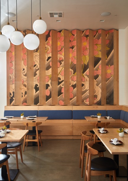 Press kit | 2757-07 - Press release | Ancient Art of Japanese Tattooing Inspires Latest Little Tokyo Restaurant in Los Angeles - Wick Architecture & Design + LAND Design Studio - Commercial Architecture -    Sake Dojo’s pared-down, wood-focused materials palette scales from a 15 ft-wide by 9-ft high (or nearly 5 by 3 meters)&nbsp;tattoo wall down to the banquette, tables and dining chairs with simple profiles.      - Photo credit: Nicole LaMotte Photography<span></span>
