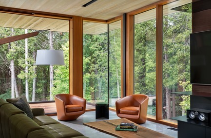 Press kit | 3300-02 - Press release | Petaluma House - Trevor McIvor Architect Inc - Residential Architecture - The cozy floating living room with floor to ceiling Douglas fir curtain wall.&nbsp; - Photo credit:  Adrian Ozimek 