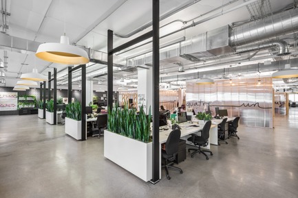 Press kit | 1152-10 - Press release | Micro-City for Creatives - By LumiGroup and Imperatori Design - Commercial Interior Design - Workstations connected to metal structure with multiple functions: power, divider screens and plants - Photo credit: Stéphane Brügger