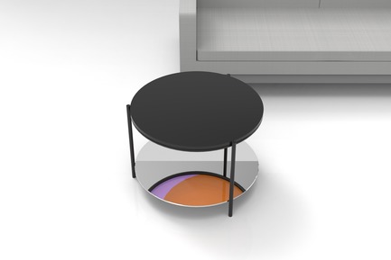 Dossier de presse | 2704-04 - Communiqué de presse | Pure Talents Contest 2019: 26 Forward-Looking Product Ideas at imm cologne and LivingKitchen - imm cologne 2019, Koelnmesse GmbH - Design d’intérieur résidentiel - Mirror, mirror under the table: despite its inconspicuous shape, the side table by Felicia Schneeweis is a real eye-catcher when you take a closer look – and realise that the bicolour underside of the tabletop is reflected in the mirrored surface of the bottom shelf. - Crédit photo : Felicia Schneeweis; Koelnmesse