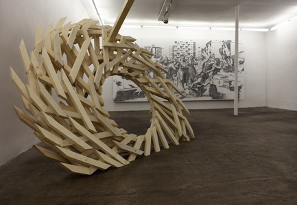 Press kit | 985-02 - Press release | Massacre innocent - Baptiste Debombourg - Event + Exhibition - Iris2012natural wood, nails, glueØ 210 x 260 cm -  variables dimensions - Photo credit: Baptiste Debombourg