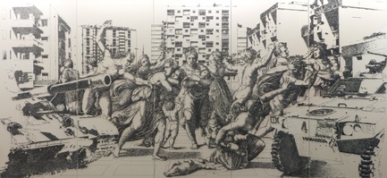 Press kit | 985-02 - Press release | Massacre innocent - Baptiste Debombourg - Event + Exhibition - Aggravure XXVI2012staples on wood230 x 500 X 6 cm ( five panels 230 x 100 cm)Composition from Marcantonio Raimondi, Le Massacre des Innocents (1509)) - Photo credit: Baptiste Debombourg