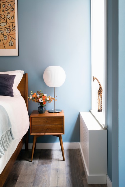 Press kit | 2875-06 - Press release | Park Slope Duplex Apartment - Barker Architecture Office - Residential Interior Design -  Master Bedroom. Furniture by Room and Board. Custom radiator enclosure. - Photo credit: Amy Barkow