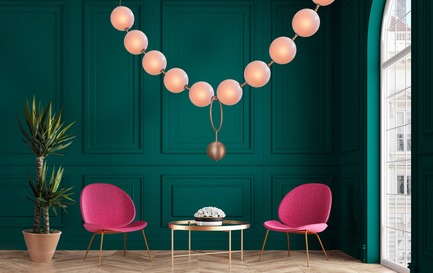 Press kit | 2110-05 - Press release | Inspired by legend, Coco by Larose Guyon illuminates with an air of sophistication - Larose Guyon - Lighting Design -         Coco configuration in aged copper (standard finish) / ten 8'' hand blown glass shades, satin peach (custom finish) /&nbsp;88’’ x 8’’ x 42’’ H - Photo credit: Larose Guyon
