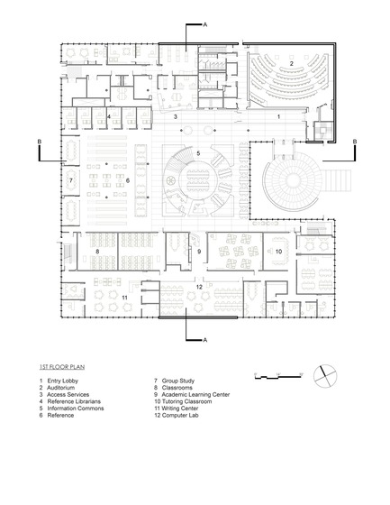 Dossier de presse | 2353-03 - Communiqué de presse | A Learning Resource Center and Community Living Room at the Heart of Campus - ikon.5 architects - Architecture institutionnelle - First Floor Plan - Crédit photo : ikon.5 architects