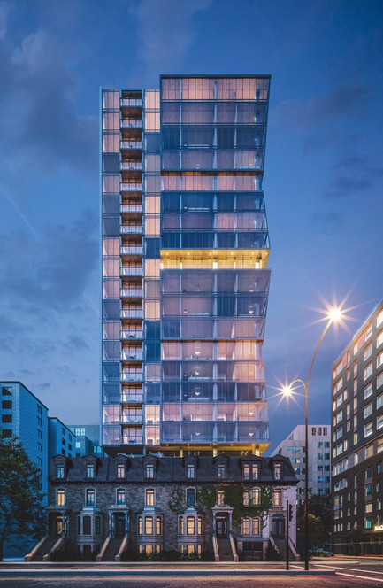 Press kit | 1867-05 - Press release | ENTICY, a new boutique condo project in downtown Montreal - Claridge-Omnia Technologies-Geiger Huot - Residential Architecture - Front facade of Enticy Condos - Photo credit: Enticy