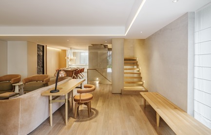 Press kit | 2718-01 - Press release | Jing'an Prime Land - Mason Studio - Residential Interior Design -     Townhouse A: living space with view to dining area and central staircase.    - Photo credit: Seth Powers