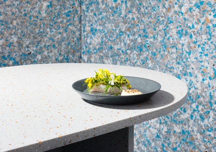 Dossier de presse | 3911-01 - Communiqué de presse | Linda Bergroth and Zero Waste Bistro Win Sustainability Award at Frame Awards 2019 - Finnish Cultural Institute in New York - Concours - Zero Waste Bistro’s bespoke communal table is made of Durat Palace and designed by Linda Bergroth. Restaurant Nolla’s zero waste dishes served on a Teema plate by Iittala, available from Finnish Design Shop. The Durat composite is made of 30% post-industrial materials and natural pigments and is 100% recyclable.<br> - Crédit photo : Nicholas Calcott