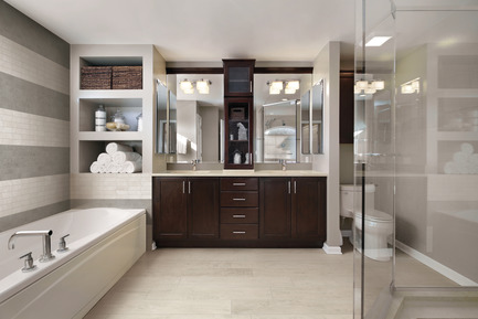 Dossier de presse | 3936-01 - Communiqué de presse | Laurie Smith from Trading Spaces presents MOOD Collection with Atlas Concorde USA at Coverings April 9-12, 2019 - Atlas Concorde USA - Évènement + Exposition - MOOD Transitional master bath, Atlas Concorde USA.<br> - Crédit photo : Atlas Concorde USA.<br>