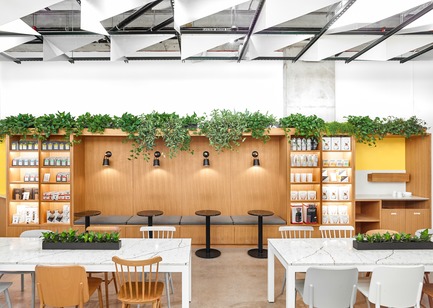 Press kit | 2682-01 - Press release | Innovation Through Design - The Symbiotic Link Between Branding and Architecture - Williamson Williamson Inc. - Commercial Interior Design -    Pilot Ossington Ave. Cafe: A multi-functional white oak cabinet holds product shelving, the milk unit, and a seating area, all topped with living plants.&nbsp;<br>[Completion Date: 2019]<br>    - Photo credit: Scott Norsworthy