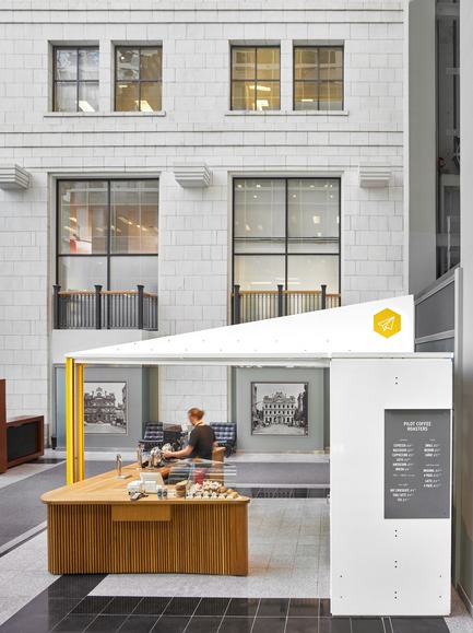 Press kit | 2682-01 - Press release | Innovation Through Design - The Symbiotic Link Between Branding and Architecture - Williamson Williamson Inc. - Commercial Interior Design - Pilot Kiosk: Created to house the mobile bar, this steel plate 'paper airplane' initiated the motif that has become essential to Pilot's branding.<br> - Photo credit: Scott Norsworthy