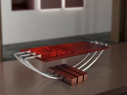 Dossier de presse | 3917-03 - Communiqué de presse | FORMITABLE©Collection - Wael Farran Studio - Produit - <p style="">                AL KHAYAL - COFFEE TABLE <br>Teak veneer logs with three half curved structural stainless steel form a base for hand-painted arabesque calligraphy. <br>PIECE DIMENSIONS: W: 170cm H: 46cm D: 50cm </p> - Crédit photo :                GENIA MAALOUF
