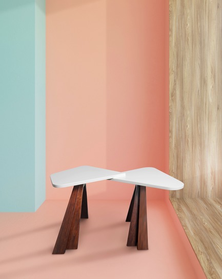 Dossier de presse | 3917-03 - Communiqué de presse | FORMITABLE©Collection - Wael Farran Studio - Produit -  COQUETTE -                SIDE TABLE <br>A side table made out of acid wash Koto veneer top and walnut solid wood legs. <br>              PIECE DIMENSIONS: H: 42 W: 50 L: 81<br>   - Crédit photo :                WAEL KHOURY PHOTOGRAPHY