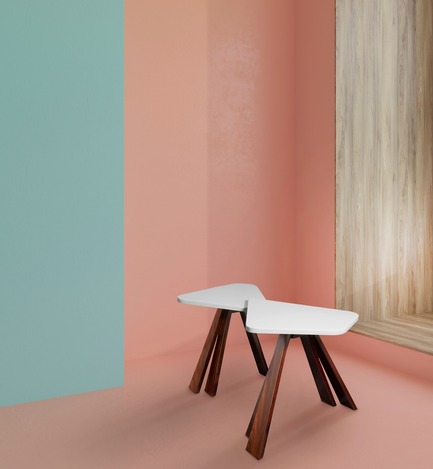 Dossier de presse | 3917-03 - Communiqué de presse | FORMITABLE©Collection - Wael Farran Studio - Produit -  COQUETTE - SIDE TABLE <br>A side table made out of acid wash Koto veneer top and walnut solid wood legs. <br>PIECE DIMENSIONS: H: 42 W: 50 L: 81  - Crédit photo :                WAEL KHOURY PHOTOGRAPHY
