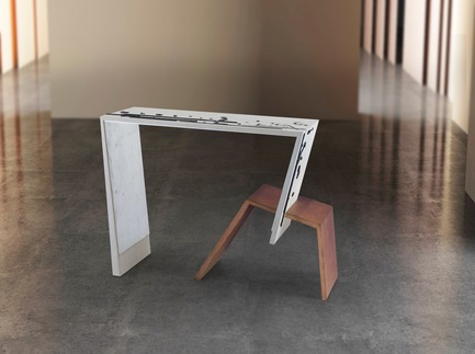Dossier de presse | 3917-03 - Communiqué de presse | FORMITABLE©Collection - Wael Farran Studio - Produit -   DISTORTION -               WALL TABLE <br>The human being is a creature of layers. We are mind, body and soul. We are our past. We are our experiences. We are our memories. We are our emotions. We are our feelings. We are our hopes and we are our dreams. They all boil inside our psyche. This wall table is made of acid white veneer, with Arabic calligraphy inlaid with steel. The base that is made of the brass might seem weird to most of you, whereas it is actually the foundation, the steady base that holds it all together.<br>PIECE DIMENSIONS: W: 50cm L: 135cm H: 90cm<br>   - Crédit photo :                WAEL KHOURY PHOTOGRAPHY