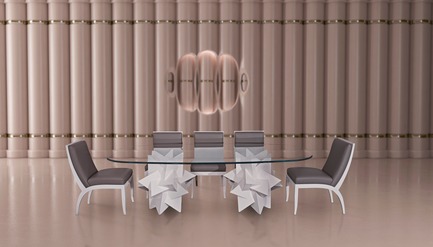 Dossier de presse | 3917-03 - Communiqué de presse | FORMITABLE©Collection - Wael Farran Studio - Produit -  PAPER WEIGHT -                DINING TABLE <p class="" style="">As life happens, we sometimes feel things are escaping us, running away from our attention, like a pile of paper in the wind. In comes the paperweight, blocking any escape in the breeze. It grounds us, reminds us of the true substance, of what matters. Paperweight, is a call to stay to attentive to the essentials of life and a reminder to always be grateful. Two 3D elements serve as a sculptural base for this dining table. The top, a 2cm crystal clear glass, brings back your attention to the essentials i.e. the base, made of white lacquered wood. Complementing the table, are a set of (10 Chairs), with wooden white lacquered legs and grey genuine leather padding. <br>PIECE DIMENSIONS: GLASS TOP: W: 130cm L: 260cm THICKNESS: 2cm – BASE: W: 74cm H: 73cm (x2)</p>  - Crédit photo :                WAEL KHOURY PHOTOGRAPHY