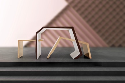 Dossier de presse | 3917-03 - Communiqué de presse | FORMITABLE©Collection - Wael Farran Studio - Produit -  PARADOX -  COFFEE TABLE <br> Life and death. Positive and negative. Night and day. Humans are walking paradoxes. Torn between two equal forces: the positive and the negative. What would you choose? To which side would you go? This center table is made of new wood banana matt veneer and brass. It features an elevated center and two sides, one of which is slanted while the other is straight. <br>PIECE DIMENSIONS: W: 105 cm D: 60 cm H: 45 cm.  - Crédit photo : WAEL KHOURY PHOTOGRAPHY