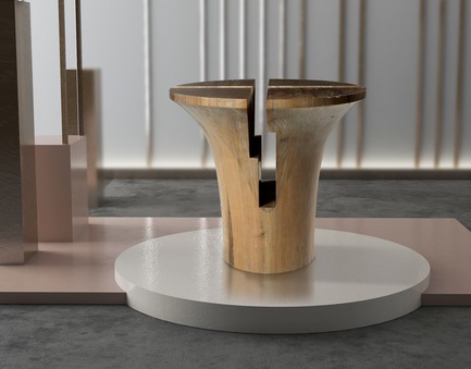 Dossier de presse | 3917-03 - Communiqué de presse | FORMITABLE©Collection - Wael Farran Studio - Produit -  RUMBA -                SIDE TABLE <br>Four pieces hand carved solid frake wood form together a side table with silver powdered finish. <br>PIECE DIMENSIONS: D: 57cm H: 54cm  - Crédit photo :                GENIA MAALOUF
