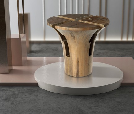 Dossier de presse | 3917-03 - Communiqué de presse | FORMITABLE©Collection - Wael Farran Studio - Produit -  RUMBA - SIDE TABLE <br>Four pieces hand carved solid frake wood form together a side table with silver powdered finish. <br>PIECE DIMENSIONS: D: 57cm H: 54cm  - Crédit photo : GENIA MAALOUF