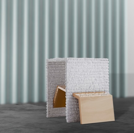 Dossier de presse | 3917-03 - Communiqué de presse | FORMITABLE©Collection - Wael Farran Studio - Produit -  TRUST -  SIDE TABLE <p class="" style="">Trust is the glue of life. It's the most essential ingredient in human relations. It's the foundational principle that holds all relationships. Trust makes us vulnerable, yet without trust we can’t find love or joy in relationships. This side table is represented in a massif Carrara marble, hand-carved with a twisted brass form. The two tables trust each other. “You can lean on me,” says one to the other. <br>PIECE DIMENSIONS: W: 40cm L: 55cm H: 50cm </p> - Crédit photo : WAEL KHOURY PHOTOGRAPHY
