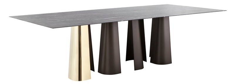 Dossier de presse | 3701-01 - Communiqué de presse | Powell & Bonnell Launch 10 New Products - Powell & Bonnell - Produit - <p class="">Snow Table</p>  <p class=""><br></p>  <p class="">Rectangular dining table with a wood, solid surface or natural stone top, supported on hand formed metal legs.</p> - Crédit photo : Margaret Mulligan 
