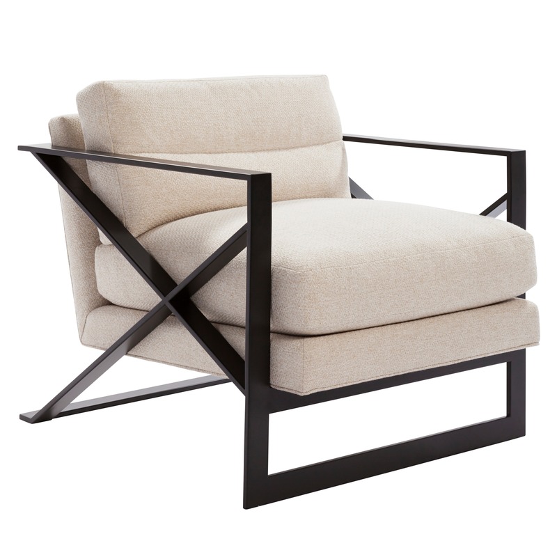 Dossier de presse | 3701-01 - Communiqué de presse | Powell & Bonnell Launch 10 New Products - Powell & Bonnell - Produit - <p class="">Exalto Lounge Chair</p>  <p class=""><br></p>  <p class="">Contemporary upholstered lounge chair with a cantilevered metal frame, featuring an asymmetrical “X” side detail and integrated backrest handle.</p> - Crédit photo : Margaret Mulligan