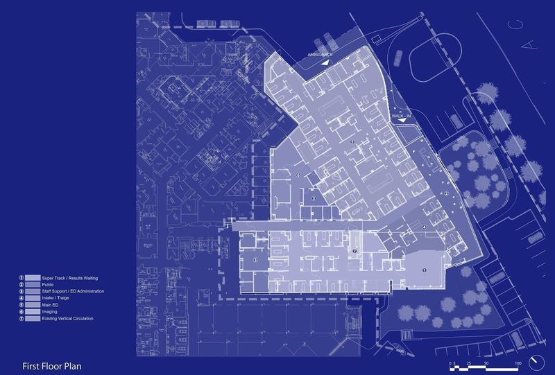 Press kit | 1456-08 - Press release | Huntington Hospital ED Reshapes Community Health Campus - CannonDesign - Commercial Architecture - Huntington Hospital ED Floor PLan - Photo credit: CannonDesign