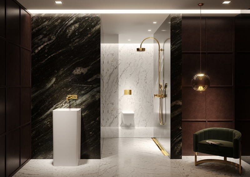 Dossier de presse | 2704-08 - Communiqué de presse | It’s time for more colour in the bathroom! - German Sanitary Industry Association / Vereinigung Deutsche Sanitärwirtschaft e.V. [VDS] - Évènement + Exposition - <p>Trend No. 3: Gold - TECEsquare flush plate and the TECEdrainprofile shower channel</p><p><br></p><p>Golden treasures: Modern bathrooms are increasingly turning into personalised retreats with a feel-good factor – and colour is returning to the bathroom too. To promote this trend, TECE is expanding its extensive selection of finishes with the addition of various metallic surfaces for the TECEsquare flush plate and the TECEdrainprofile shower channel. </p> - Crédit photo : TECE