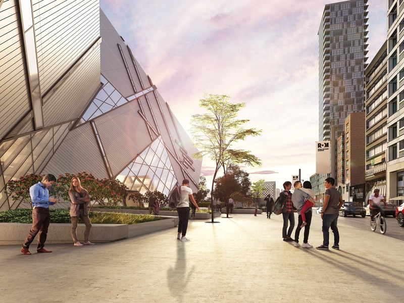 Press kit | 907-09 - Press release | ROM Welcome Project - Hariri Pontarini Architects - Institutional Architecture - Rendering of the Reed Family Plaza facing west. - Photo credit: Hariri Pontarini Architects