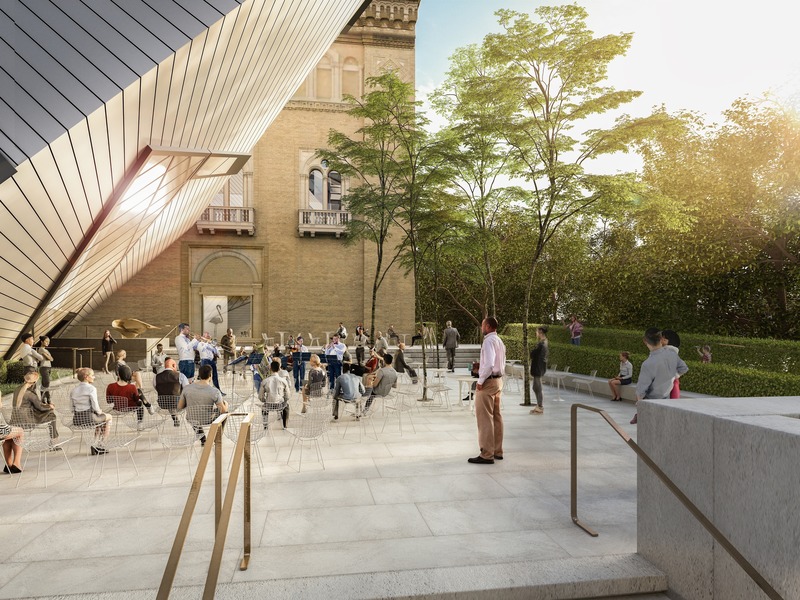 Press kit | 907-09 - Press release | ROM Welcome Project - Hariri Pontarini Architects - Institutional Architecture - Helga and Mike Schmidt Performance Terrace rendered view south.  - Photo credit: Hariri Pontarini Architects