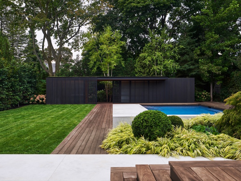 Press kit | 4204-01 - Press release | Forest Hill Garden & Pavilion - Amantea Architects - Residential Architecture - Pool pavilion clad in black to contrast with the surrounding foliage while visually receding into the background<br style=""> - Photo credit: Doublespace Photography