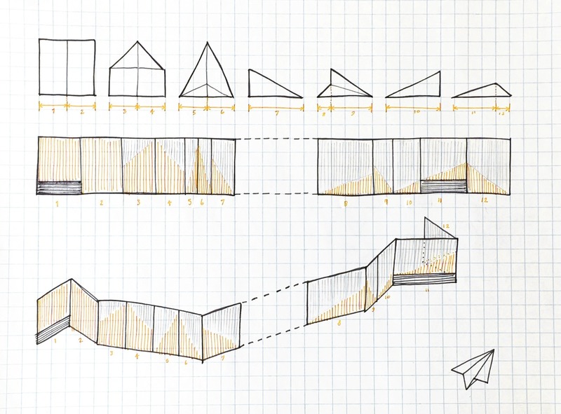 Press kit | 2682-01 - Press release | Innovation Through Design - The Symbiotic Link Between Branding and Architecture - Williamson Williamson Inc. - Commercial Interior Design - Fold Diagram showing the paper airplane transposed onto the slatted gates.  - Photo credit: Williamson Williamson 