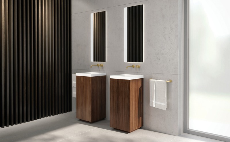 Press kit | 2342-06 - Press release | Relaxation Redefined - WETSTYLE’S fresh new Collections are what Dreams are Made of - WETSTYLE - Industrial Design -  STELLÉ pedestal (Walnut Natural No Calico) + LAB Drop-in Lavatory  - Photo credit: WETSTYLE
