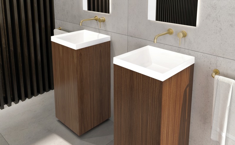 Press kit | 2342-06 - Press release | Relaxation Redefined - WETSTYLE’S fresh new Collections are what Dreams are Made of - WETSTYLE - Industrial Design -  STELLÉ pedestal (Walnut Natural No Calico) + LAB Drop-in Lavatory  - Photo credit: WETSTYLE