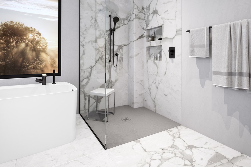 Press kit | 2342-07 - Press release | FEEL the difference: WETSTYLE’s collection of customizable shower bases lay textured luxury at your feet - WETSTYLE - Industrial Design -  Shower base FEEL - Grey Concrete  - Photo credit: WETSTYLE