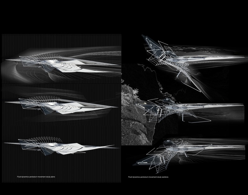 Press kit | 2121-13 - Press release | Piezoelectric pendulum bridge - Margot Krasojević Architects - Landscape Architecture - Fluid dynamic inertia bridge study plan and section - Photo credit: Margot Krasojević