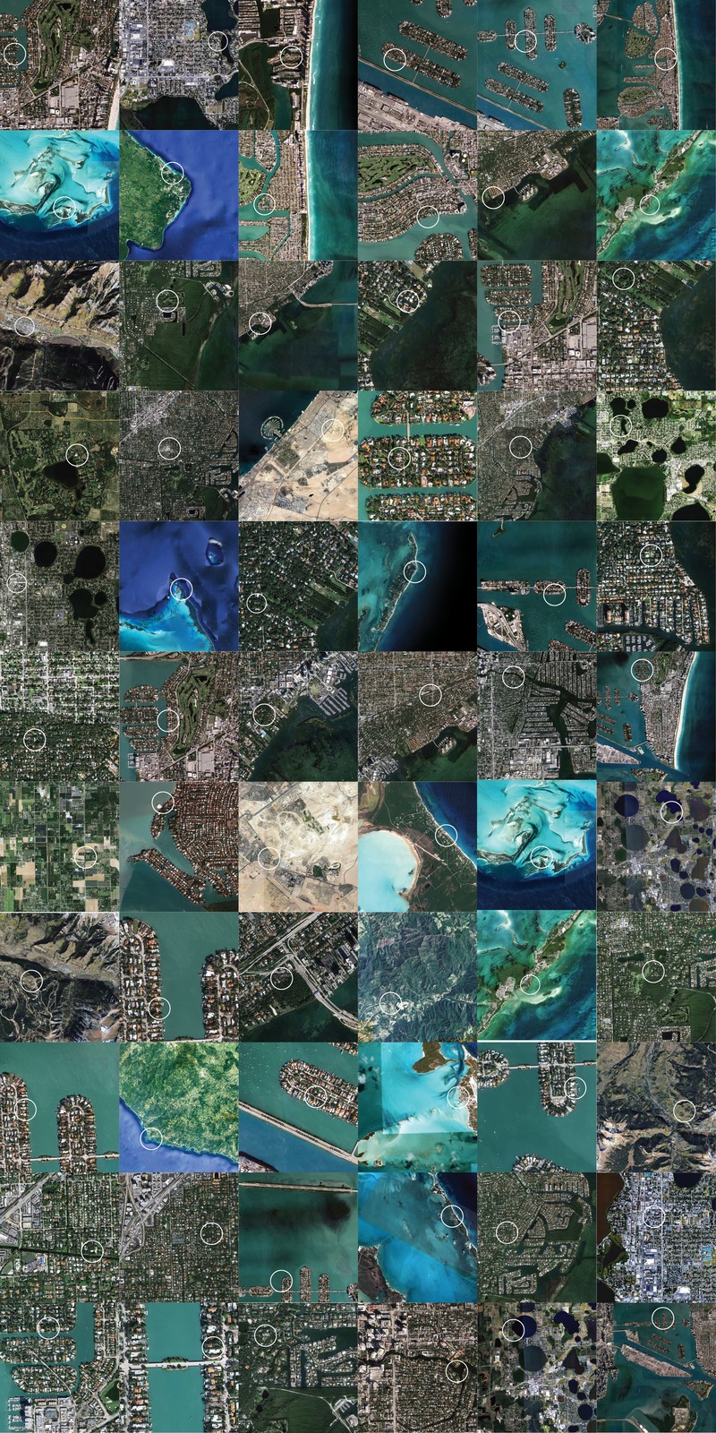 Dossier de presse | 2757-13 - Communiqué de presse | [STRANG] on The Art of Architecture - [STRANG] - Architecture résidentielle -  This graphic represents 66 project mappings. Using satellite maps and a simple white circle, the different texturing of site and context represents the multiple locations and environments the firm has worked within: everywhere from the urban centers of South Florida, to the deserts of Dubai and mountains of Southwest Colorado.   - Crédit photo : [STRANG]