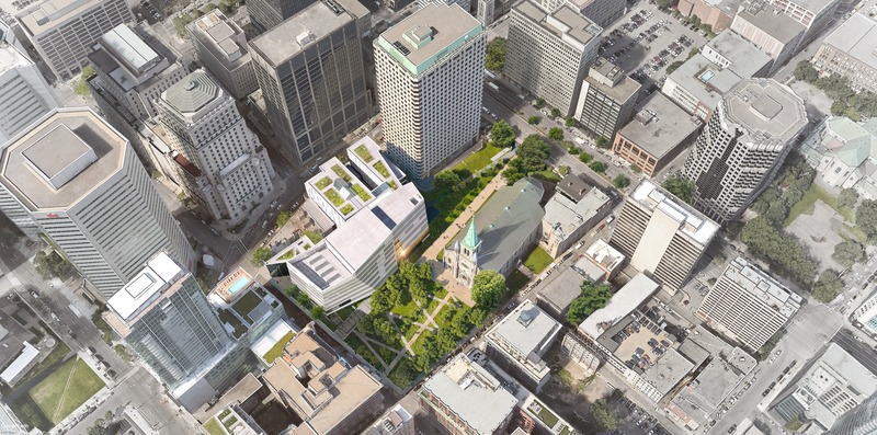 Press kit | 952-25 - Press release | A New Downtown Building for HEC Montréal - Provencher_Roy - Institutional Architecture - Aerial view of the site and its surroundings - Photo credit: Provencher_Roy