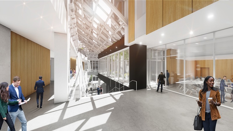 Press kit | 952-25 - Press release | A New Downtown Building for HEC Montréal - Provencher_Roy - Institutional Architecture - <p>René Lévesque entrance – Level 3 </p><p>Looking towards De La Gauchetière Street</p> - Photo credit: Provencher_Roy