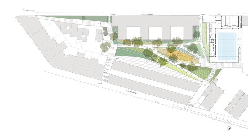 Dossier de presse | 4080-01 - Communiqué de presse | Turó de la Peira's Sports Center and layout of the interior urban block - Arquitectura Anna Noguera - Architecture institutionnelle - Turó de la Peira: Interior urban block garden and ground floor plan - Crédit photo : Enric Duch