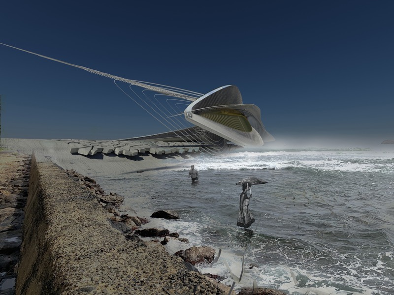 Press kit | 2121-14 - Press release | Hydroelectric sculpture gallery - Margot Krasojević Architecture - Industrial Architecture - Perspective of oscillating water column Wells turbine power plant - Photo credit: Margot Krasojević