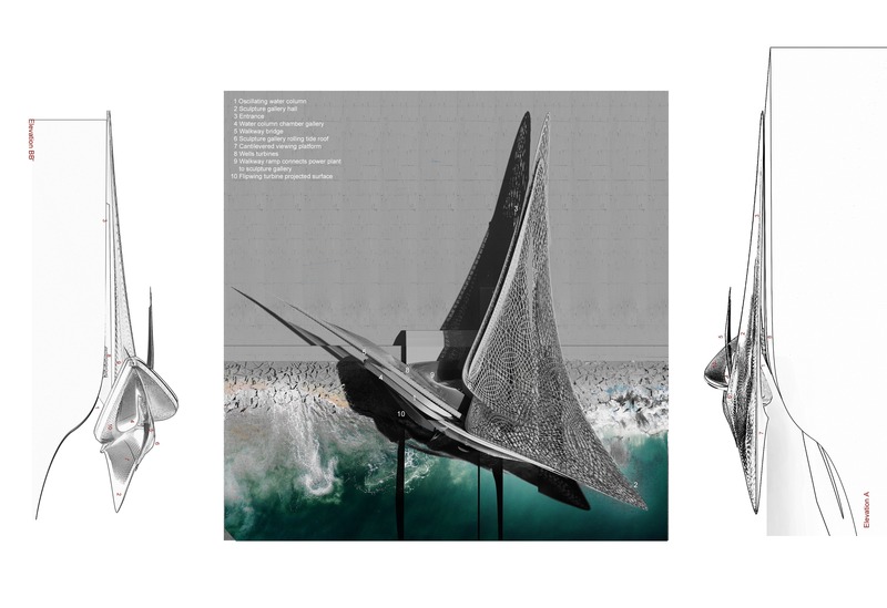 Press kit | 2121-14 - Press release | Hydroelectric sculpture gallery - Margot Krasojević Architecture - Industrial Architecture - Oscillating water column sculpture gallery plan and elevations - Photo credit: Margot Krasojević